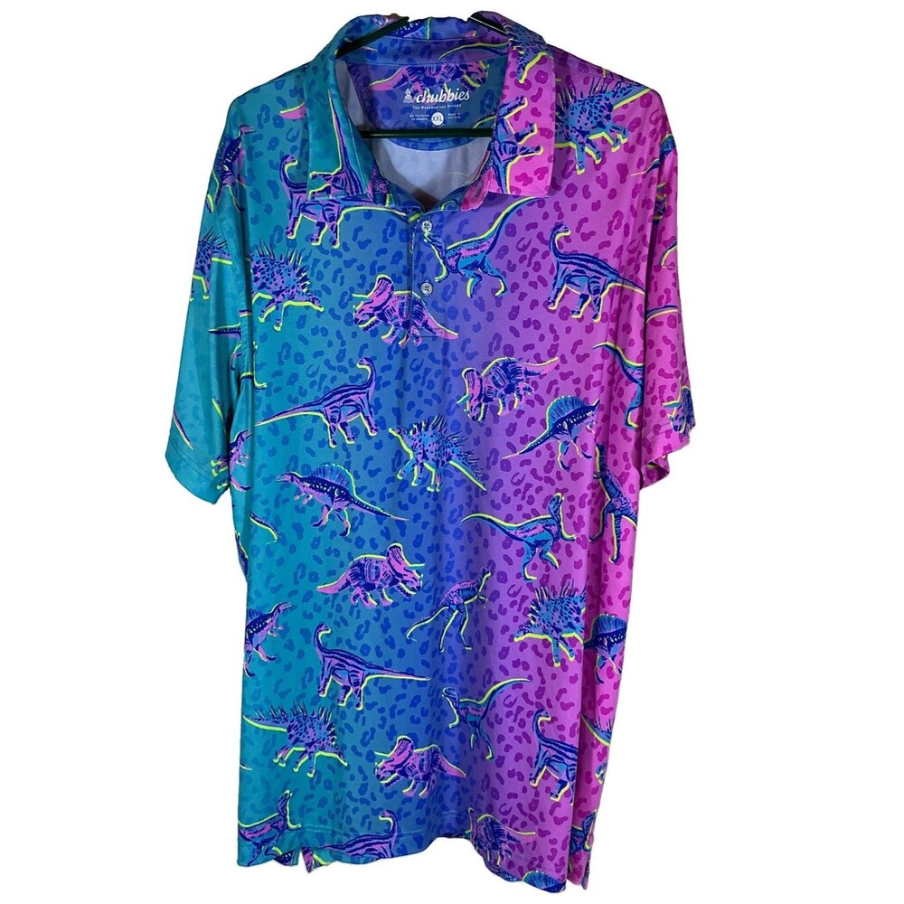 Chubbies XXL Dinosaur Golf Polo Shirt Men's Party Purple Blue Pink